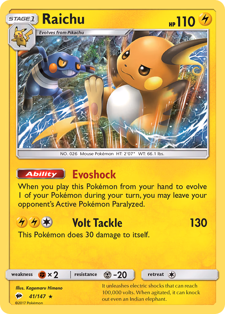 Raichu Pokemon card (41/147, Burning Shadows)