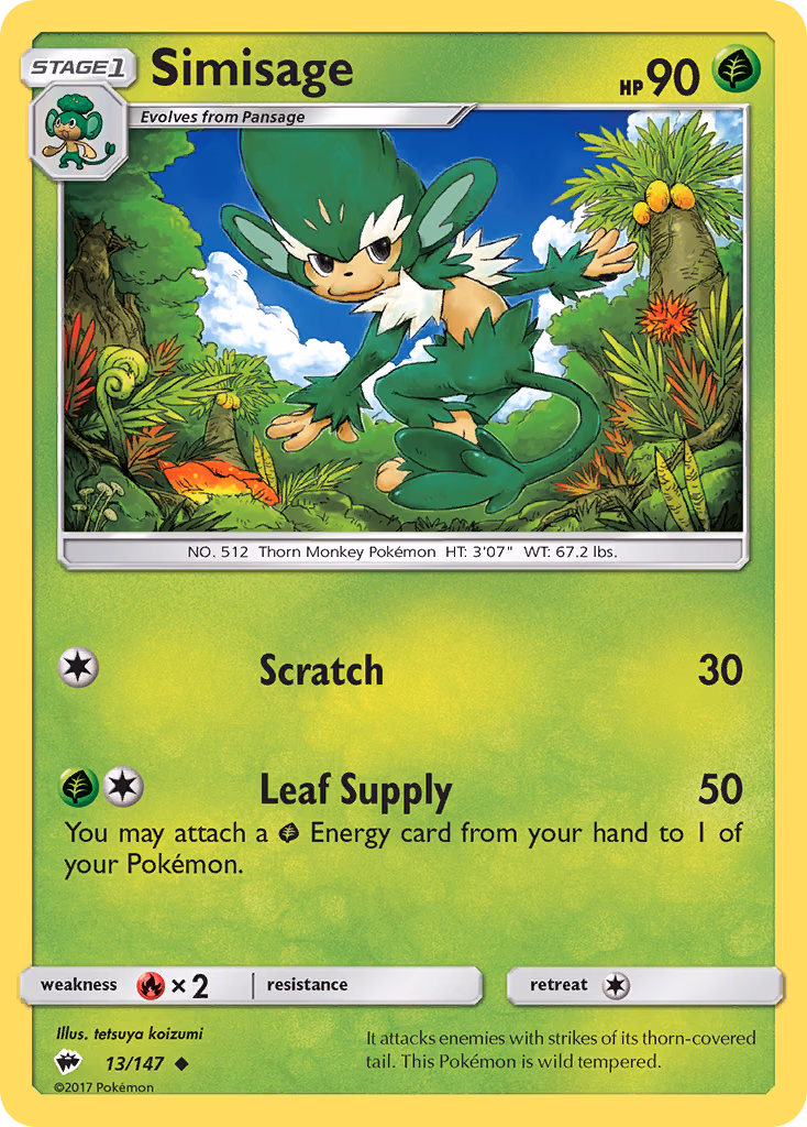 Simisage Pokemon card (13/147, Burning Shadows)
