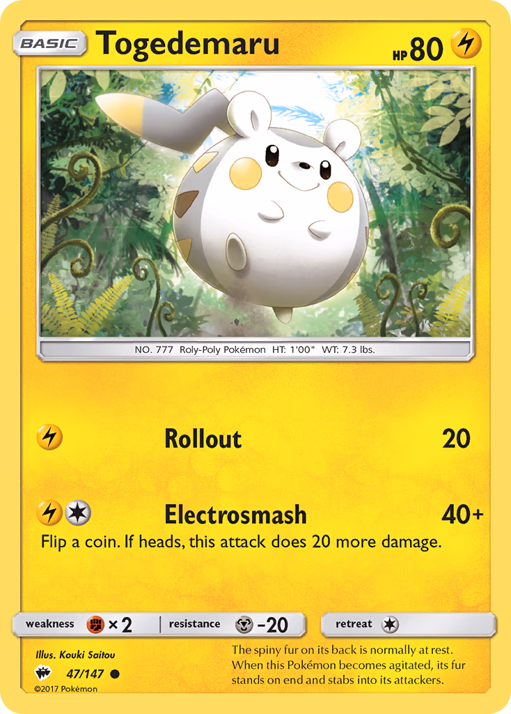 Togedemaru Pokemon card (47/147, Burning Shadows)