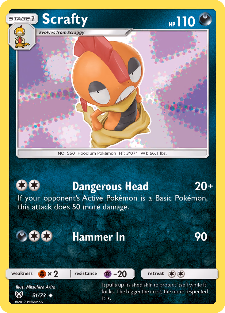 Scrafty Pokemon card (51/73, Shining Legends)