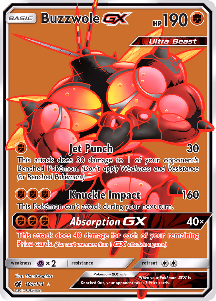 Buzzwole-GX Pokemon card (104/111, Crimson Invasion)