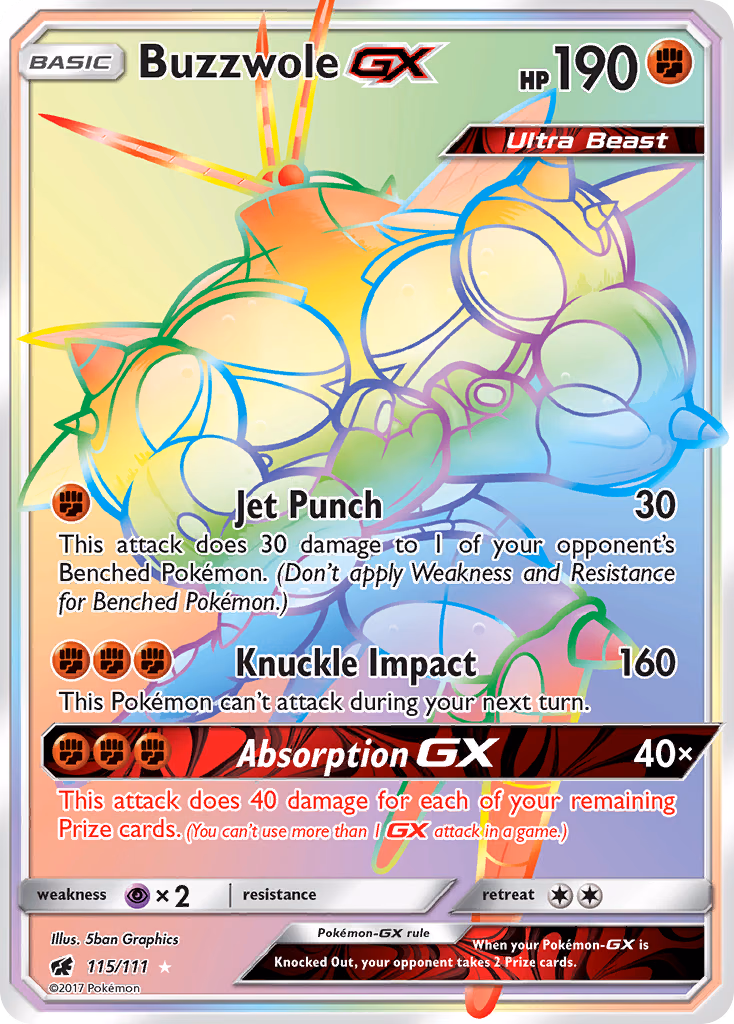 Buzzwole-GX Pokemon card (115/111, Crimson Invasion)