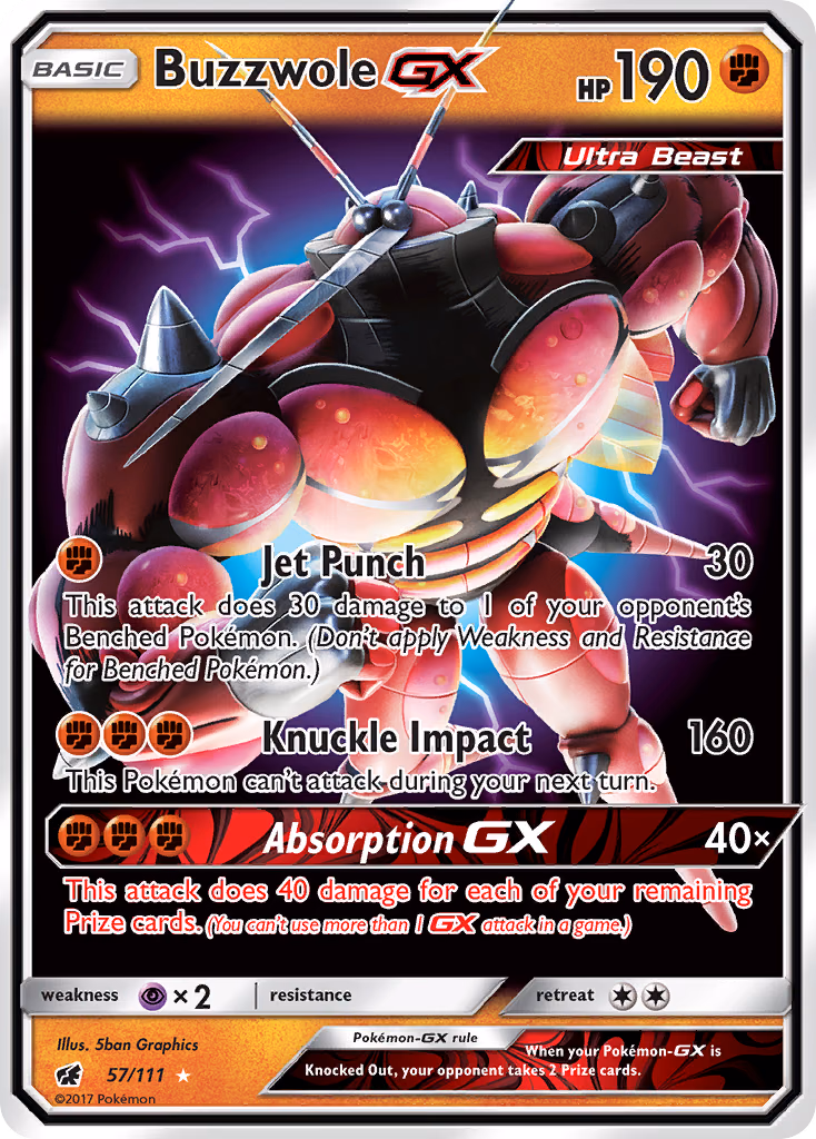 Buzzwole-GX Pokemon card (57/111, Crimson Invasion)