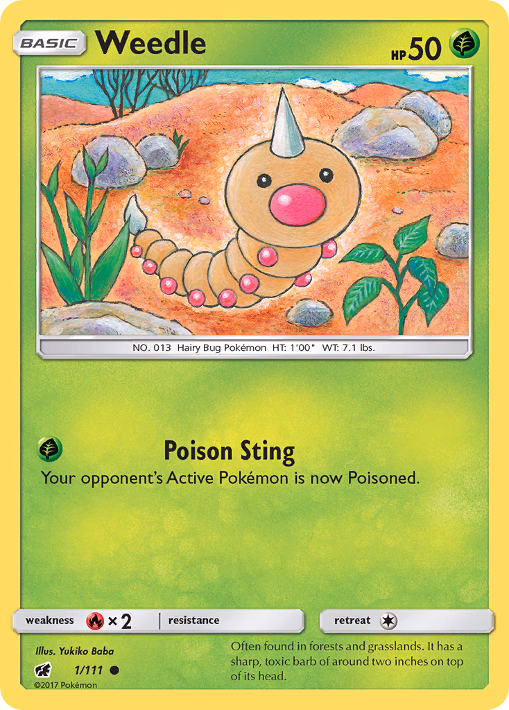 Weedle Pokemon card (1/111, Crimson Invasion)