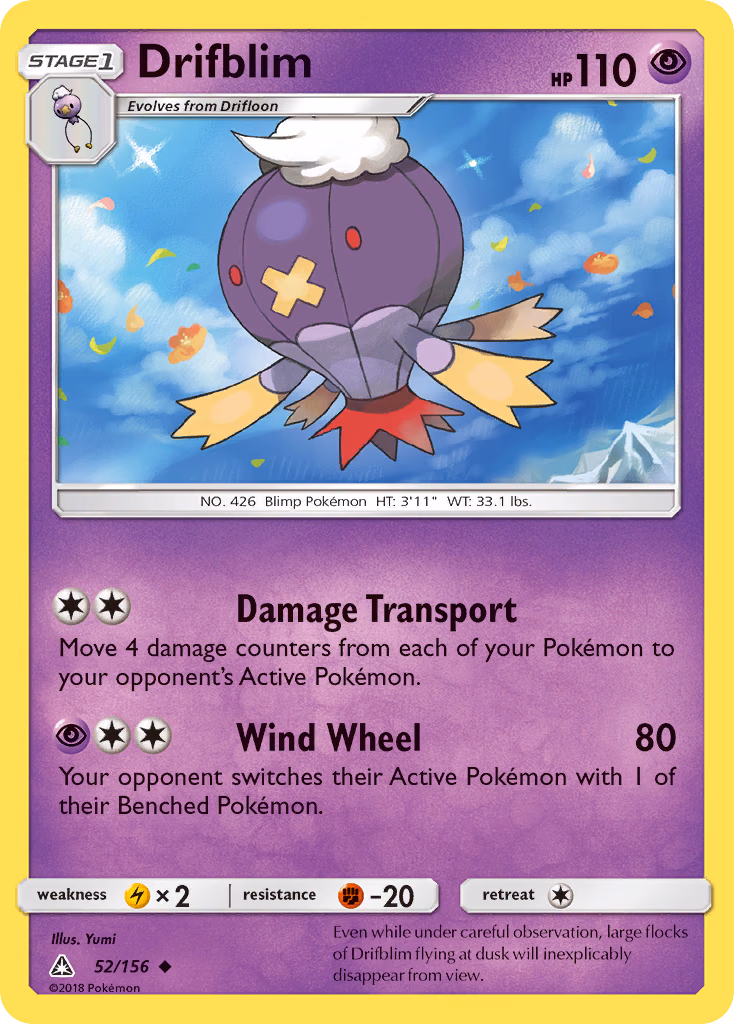 Drifblim Pokemon card (52/156, Ultra Prism)