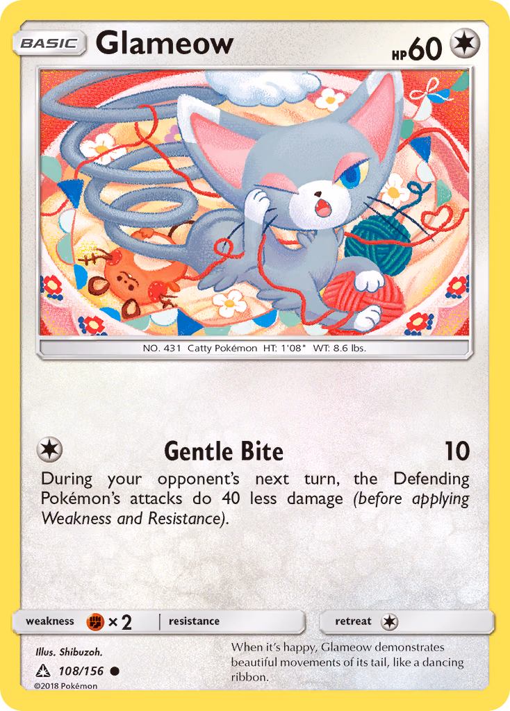 Glameow Pokemon card (108/156, Ultra Prism)