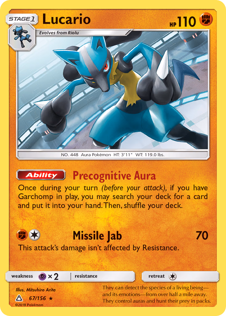 Lucario Pokemon card (67/156, Ultra Prism)