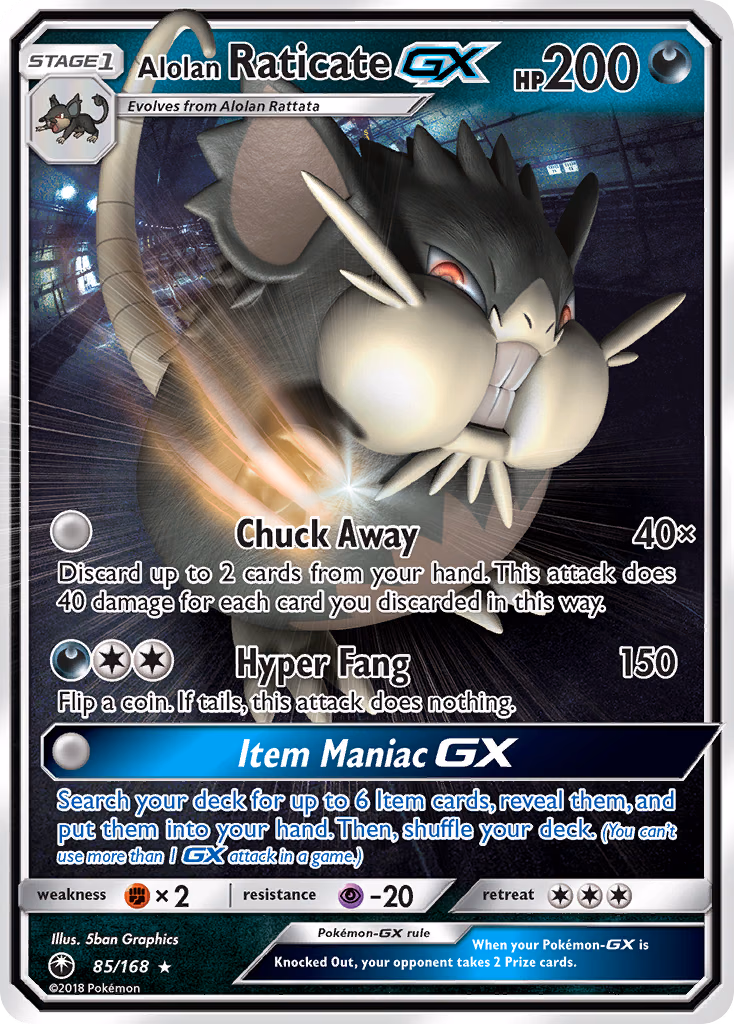 Alolan Raticate-GX Pokemon card (85/168, Celestial Storm)