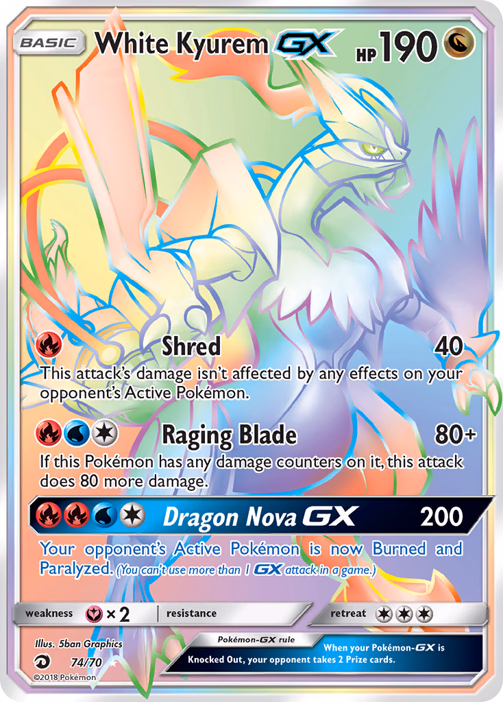 White Kyurem-GX Pokemon card (74/70, Dragon Majesty)