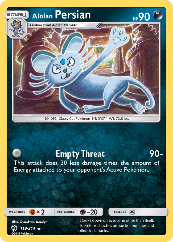 Alolan Persian Pokemon card (119/214, Lost Thunder)