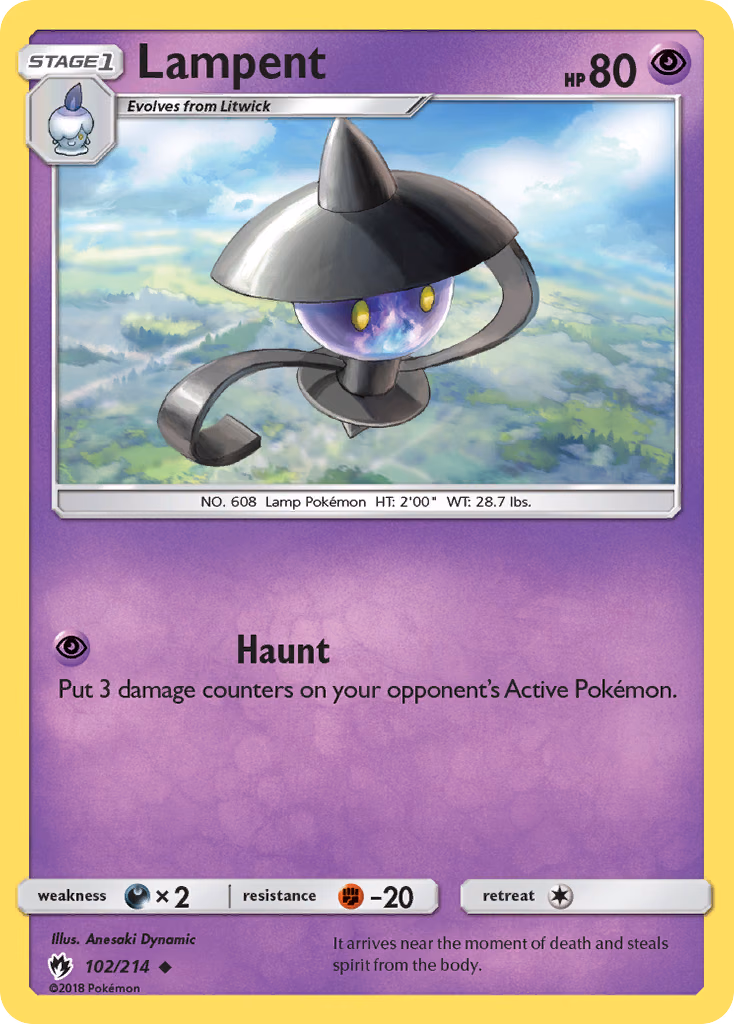 Lampent Pokemon card (102/214, Lost Thunder)