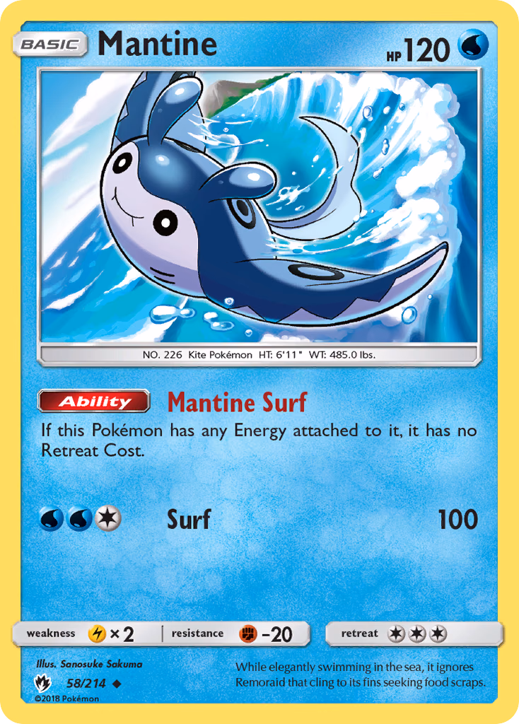 Mantine Pokemon card (58/214, Lost Thunder)