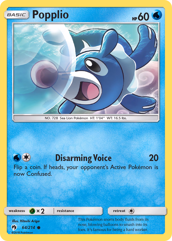 Popplio Pokemon card (64/214, Lost Thunder)