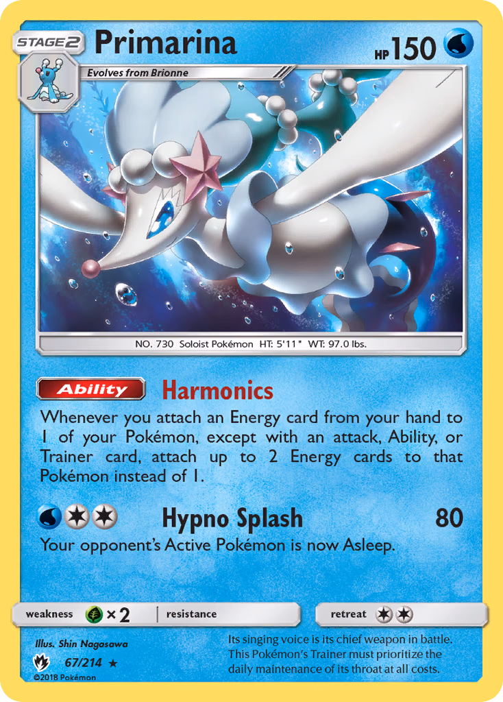 Primarina Pokemon card (67/214, Lost Thunder)
