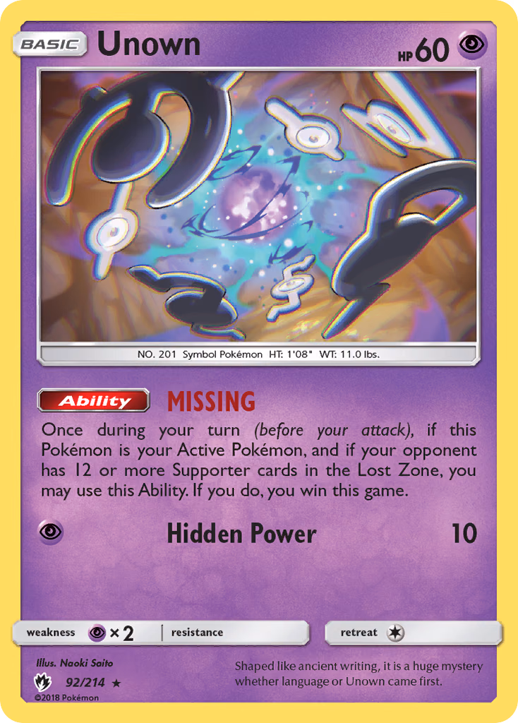 Unown Pokemon card (92/214, Lost Thunder)