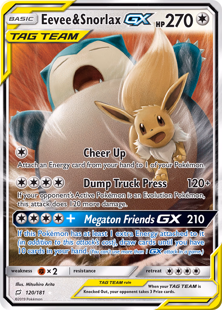 Eevee & Snorlax-GX Pokemon card (120/181, Team Up)