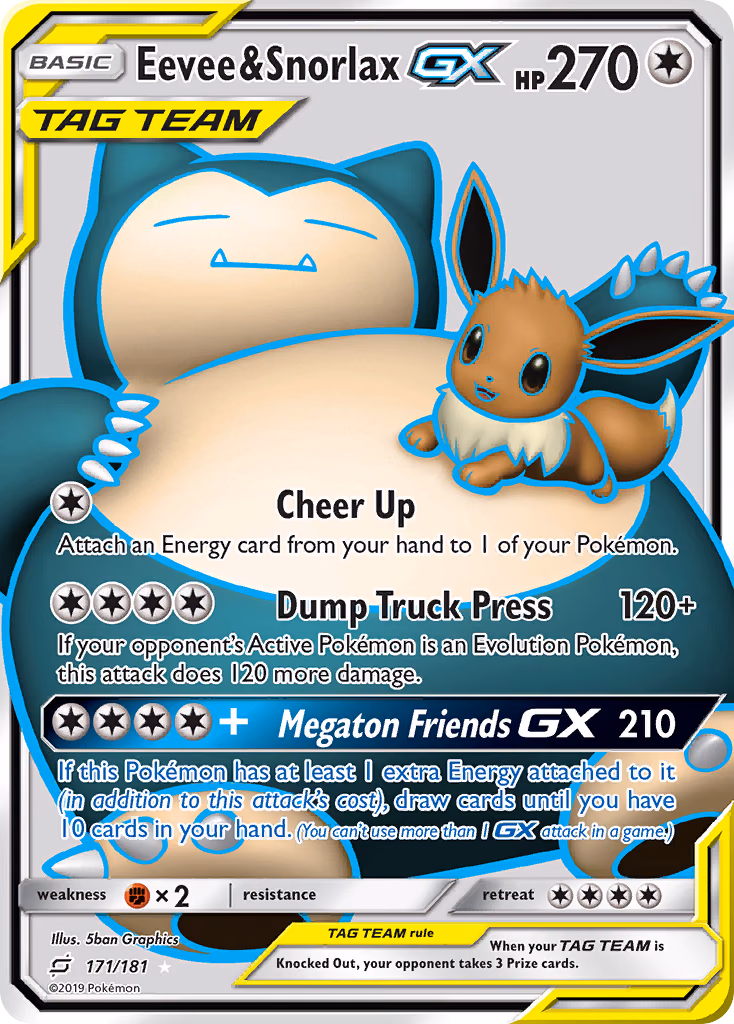 Eevee & Snorlax-GX Pokemon card (171/181, Team Up)