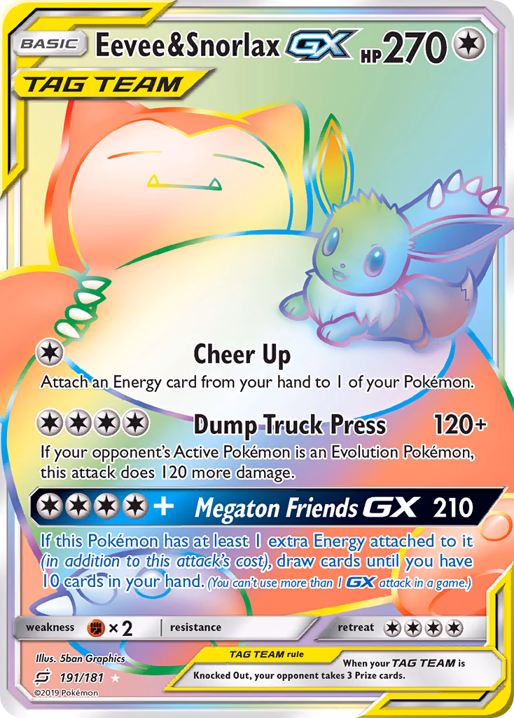 Eevee & Snorlax-GX Pokemon card (191/181, Team Up)