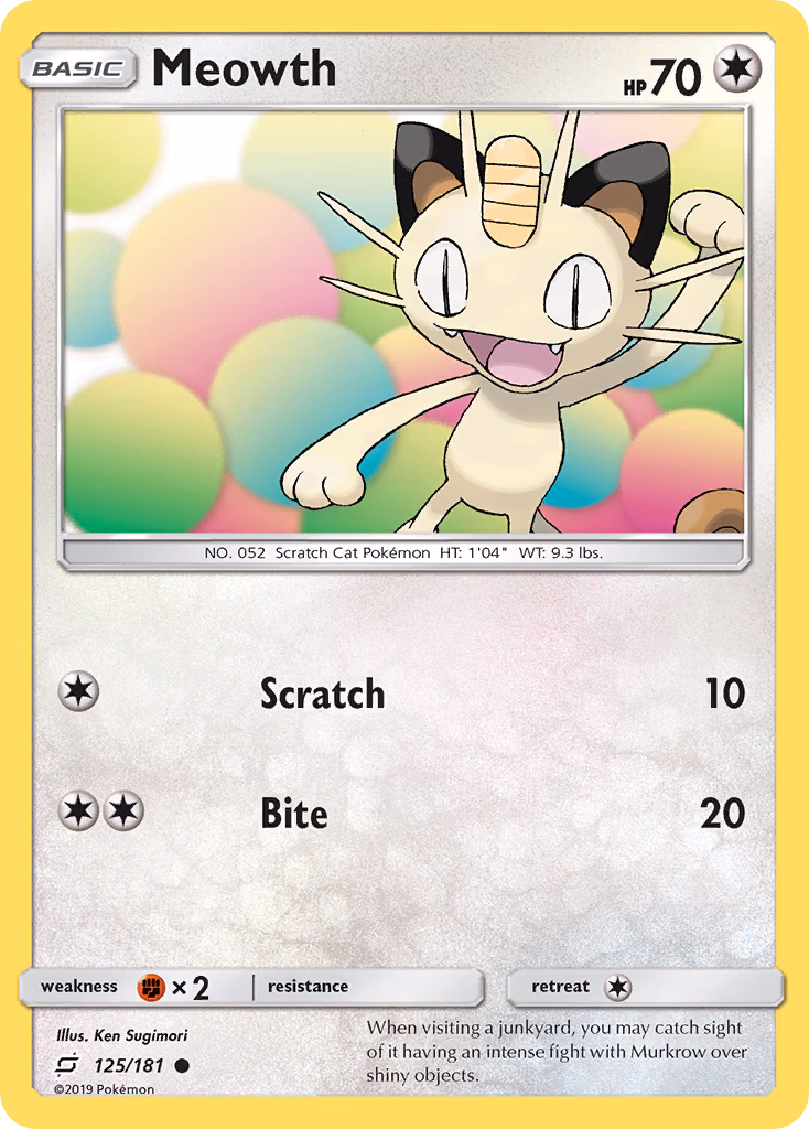 Meowth Pokemon card (125/181, Team Up)