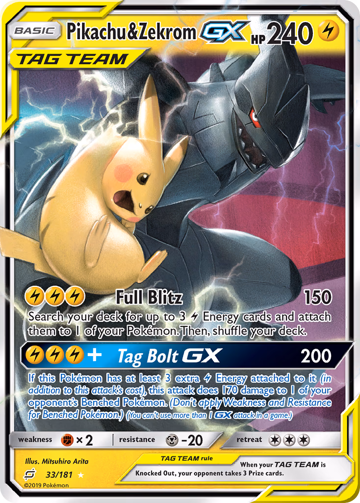 Pikachu & Zekrom-GX Pokemon card (33/181, Team Up)