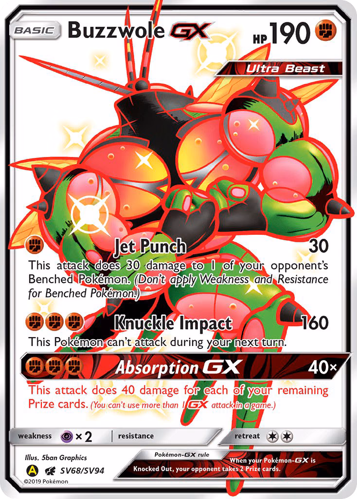 Buzzwole-GX Pokemon card (SV68/SV94, Hidden Fates Shiny Vault)