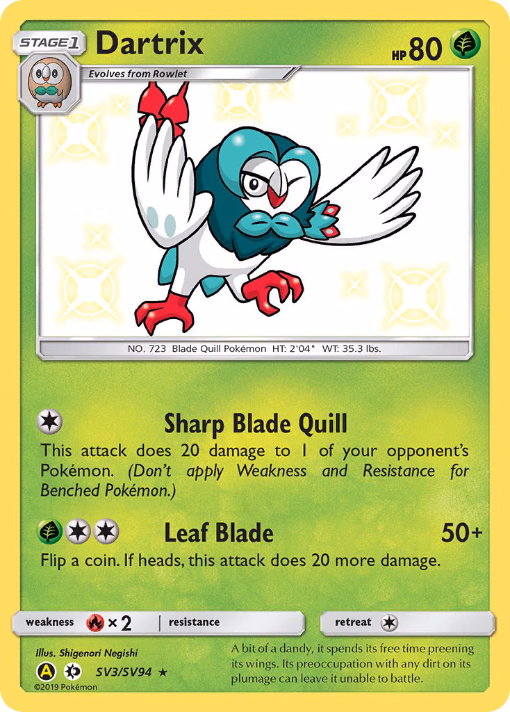 Dartrix Pokemon card (SV3/SV94, Hidden Fates Shiny Vault)
