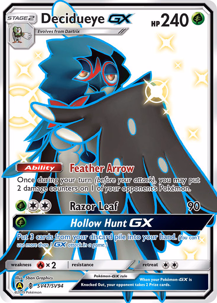Decidueye-GX Pokemon card (SV47/SV94, Hidden Fates Shiny Vault)