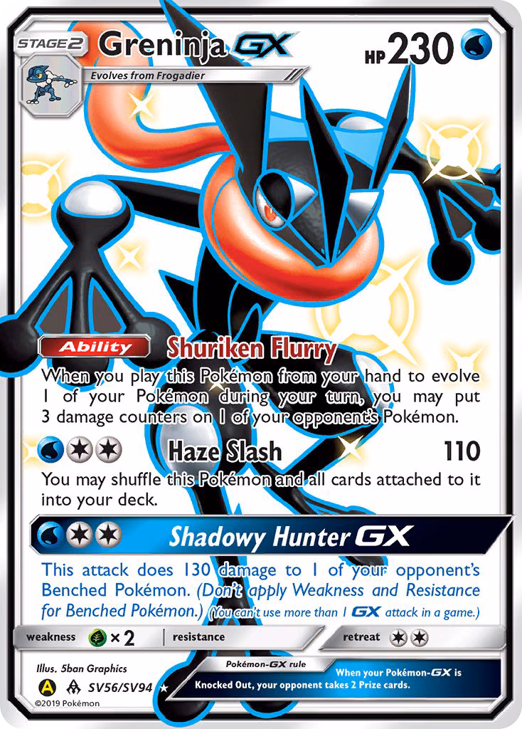 Greninja-GX Pokemon card (SV56/SV94, Hidden Fates Shiny Vault)