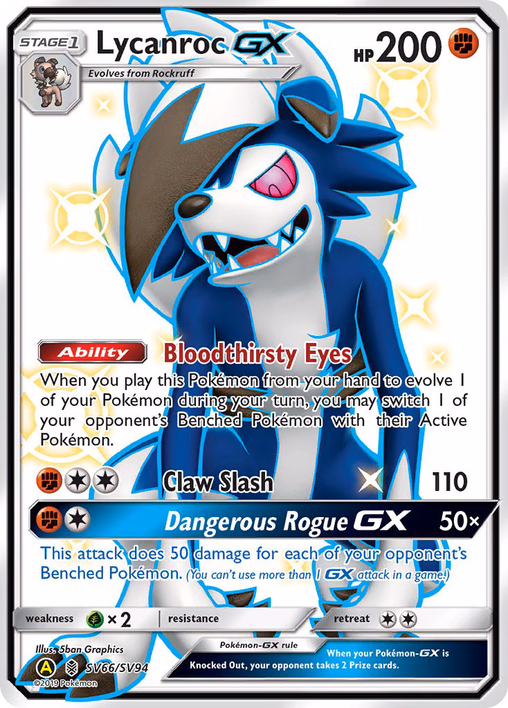 Lycanroc-GX Pokemon card (SV66/SV94, Hidden Fates Shiny Vault)