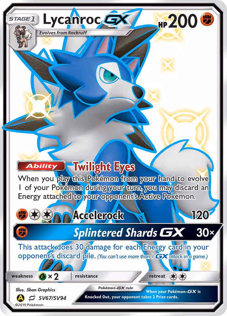 Lycanroc-GX Pokemon card (SV67/SV94, Hidden Fates Shiny Vault)