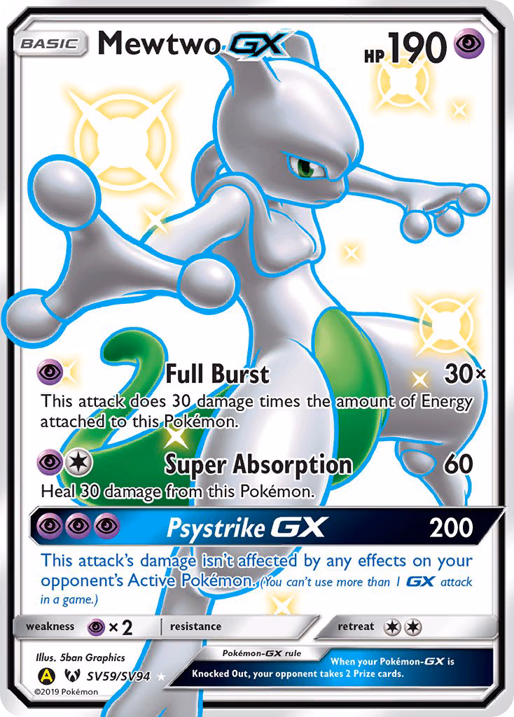 Mewtwo-GX Pokemon card (SV59/SV94, Hidden Fates Shiny Vault)