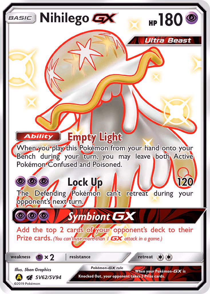 Nihilego-GX Pokemon card (SV62/SV94, Hidden Fates Shiny Vault)