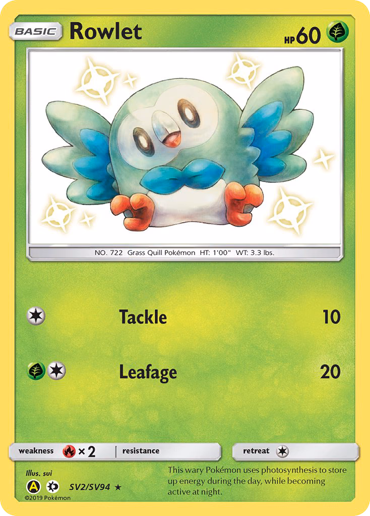 Rowlet Pokemon card (SV2/SV94, Hidden Fates Shiny Vault)