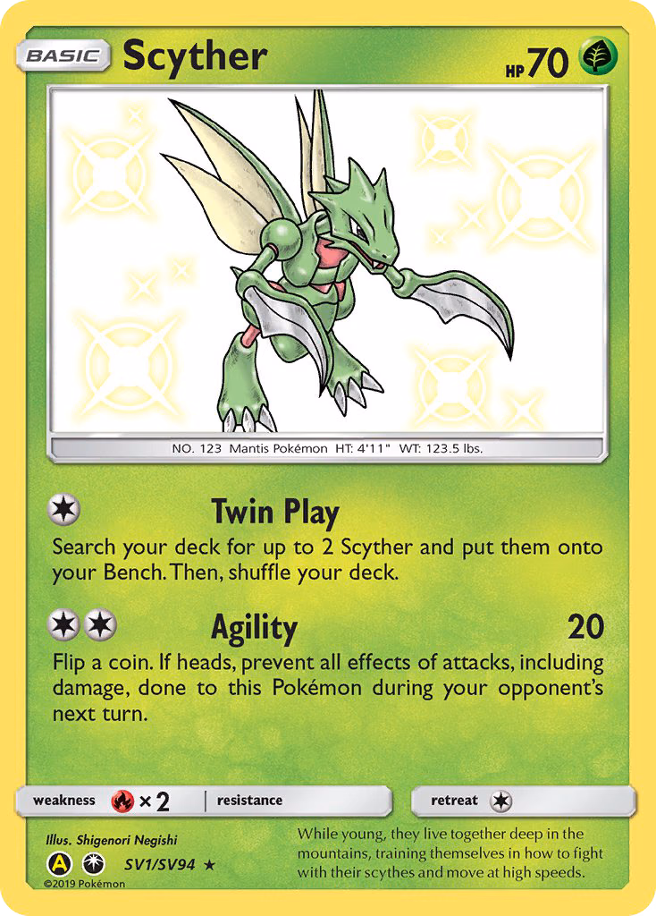 Scyther Pokemon card (SV1/SV94, Hidden Fates Shiny Vault)