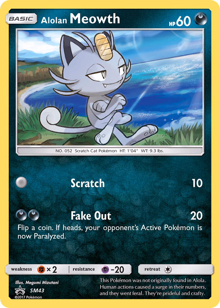 Alolan Meowth Pokemon card (SM43, SM Black Star Promos)