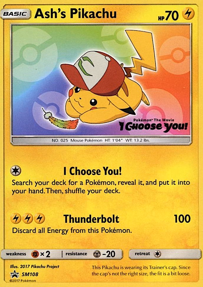 Ash's Pikachu Pokemon card (SM108, SM Black Star Promos)