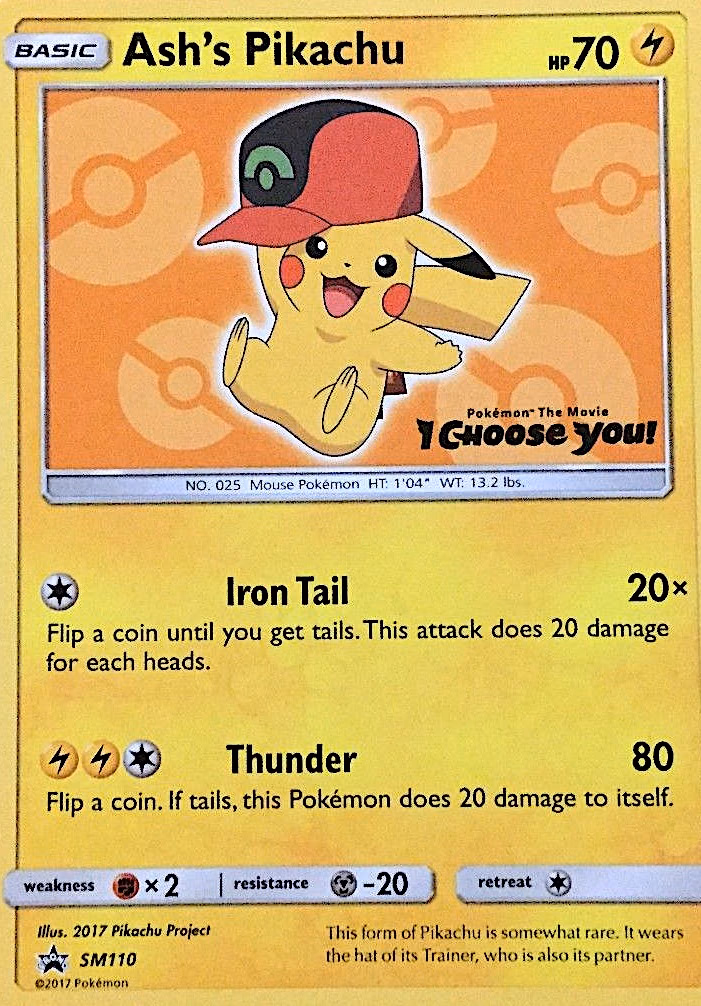 Ash's Pikachu Pokemon card (SM110, SM Black Star Promos)