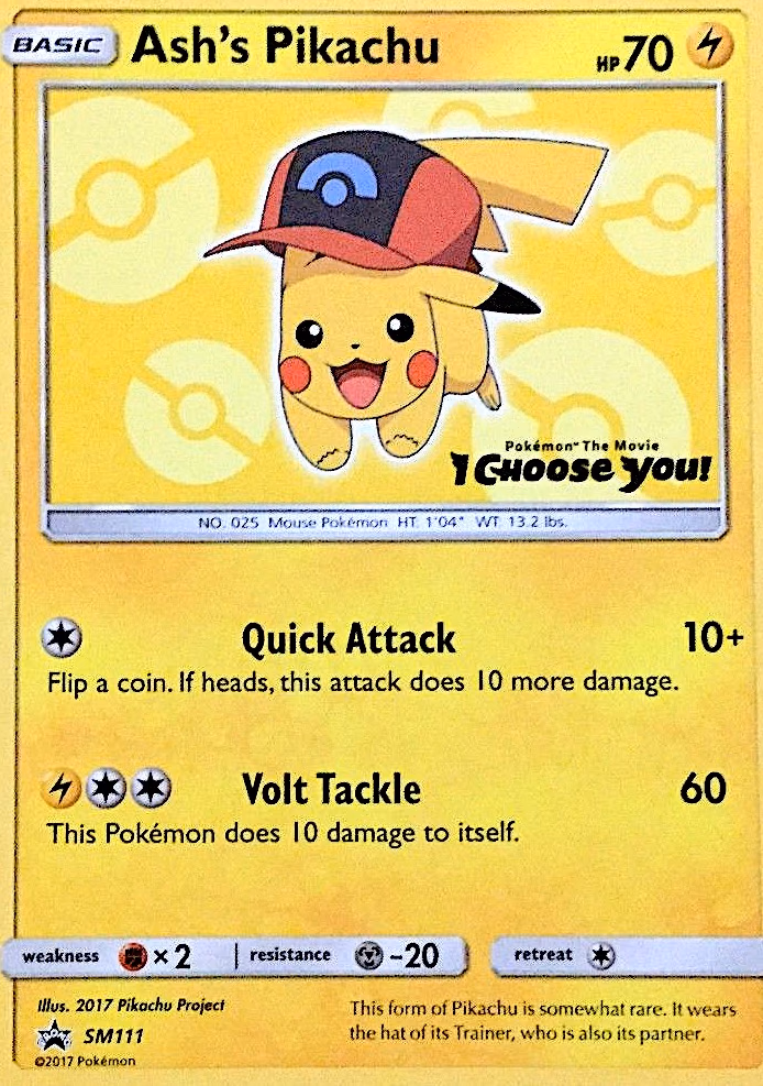 Ash's Pikachu Pokemon card (SM111, SM Black Star Promos)
