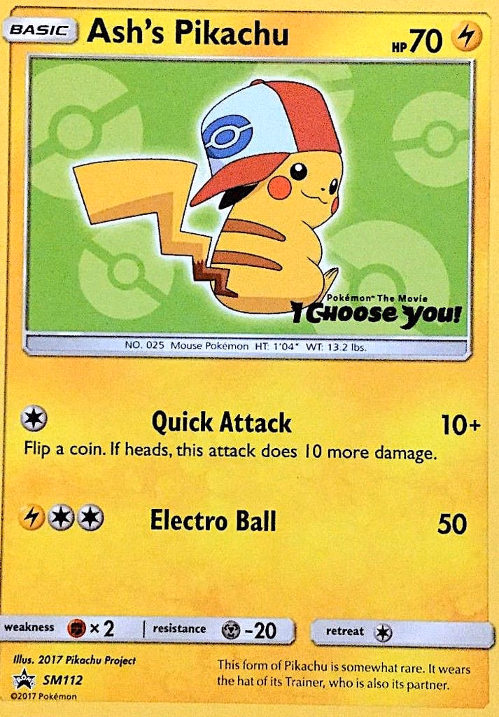 Ash's Pikachu Pokemon card (SM112, SM Black Star Promos)