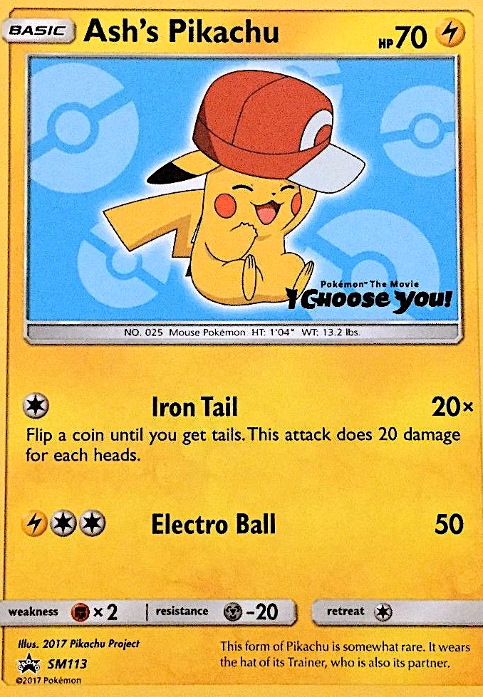 Ash's Pikachu Pokemon card (SM113, SM Black Star Promos)