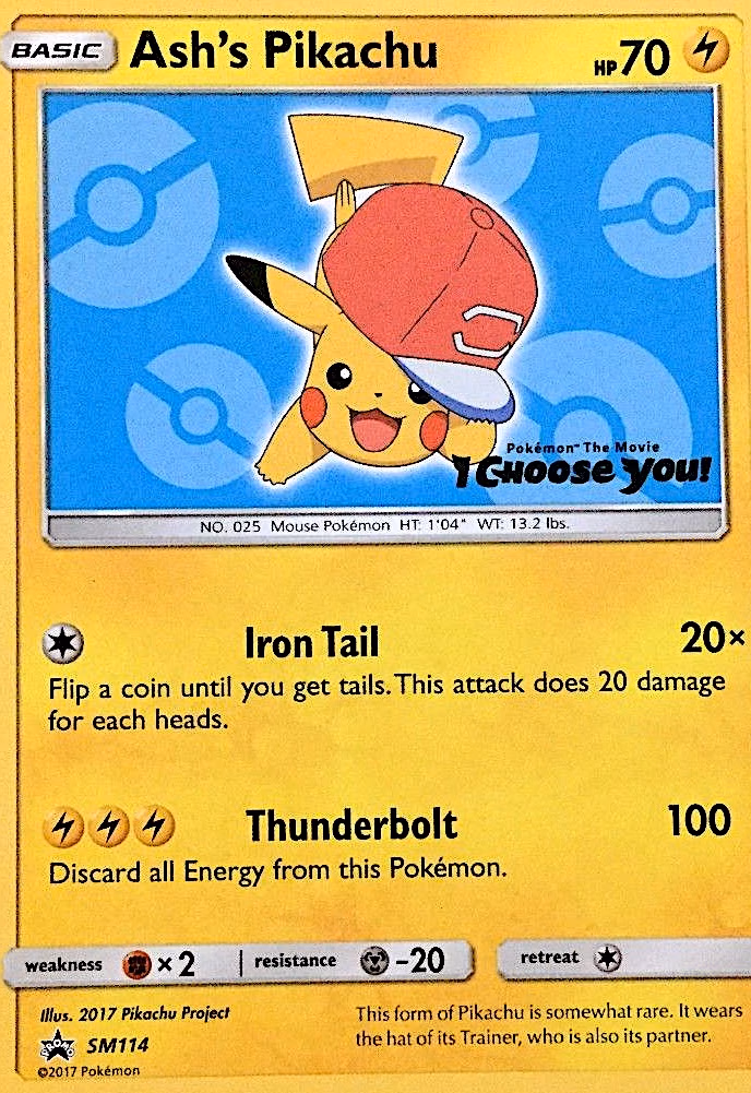 Ash's Pikachu Pokemon card (SM114, SM Black Star Promos)