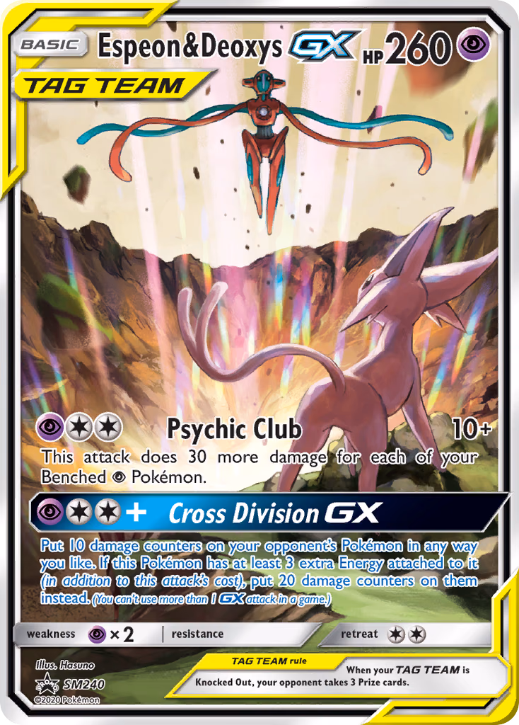 Espeon & Deoxys-GX Pokemon card (SM240, SM Black Star Promos)