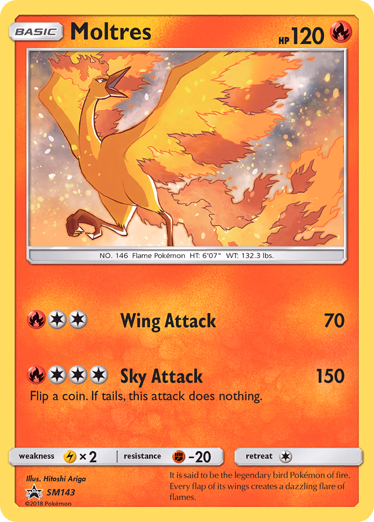 Moltres Pokemon card (SM143, SM Black Star Promos)