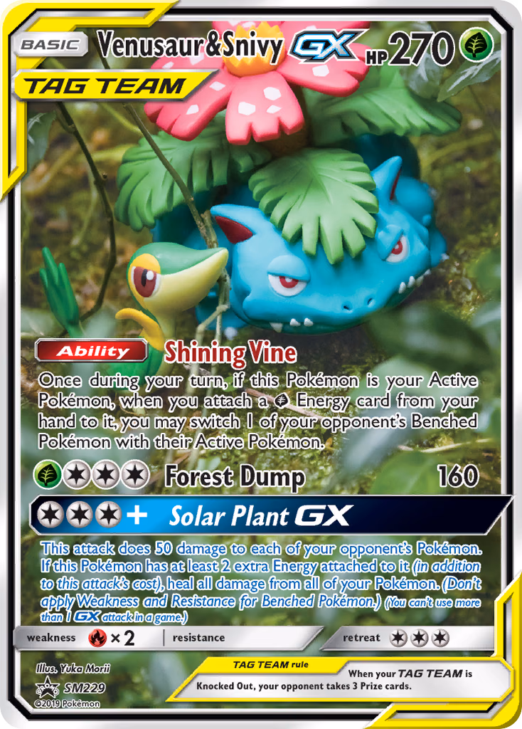 Venusaur & Snivy-GX Pokemon card (SM229, SM Black Star Promos)