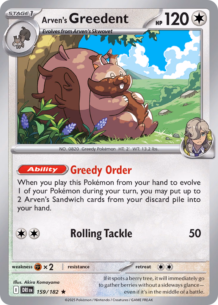 Arven's Greedent Pokemon card (159/182, Destined Rivals)
