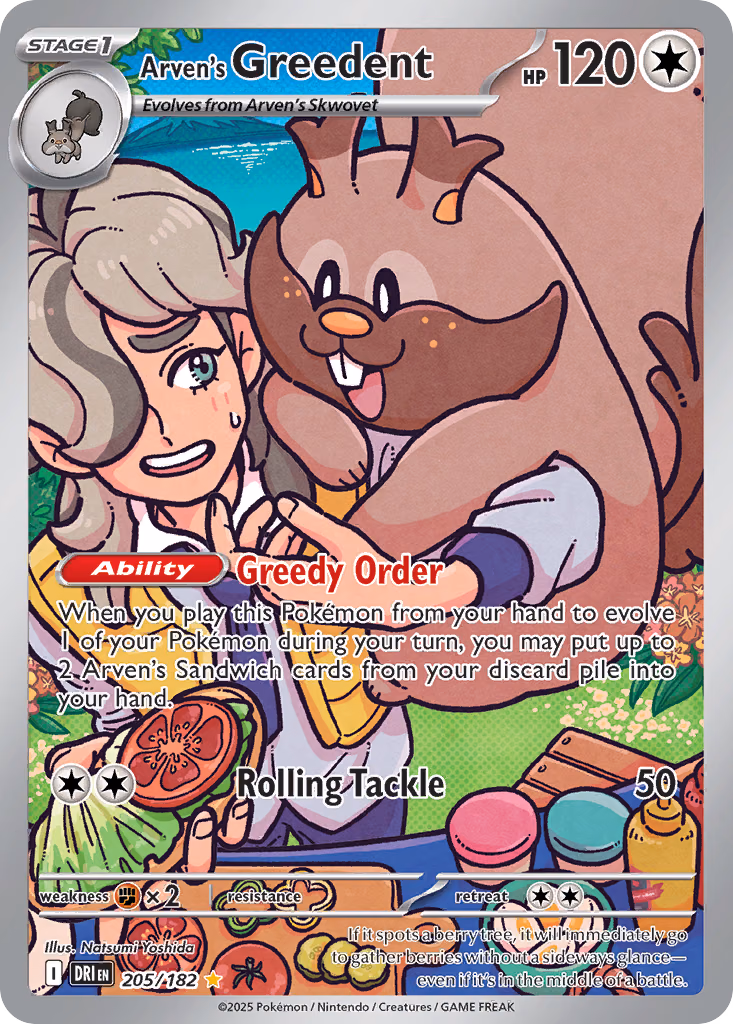 Arven's Greedent Pokemon card (205/182, Destined Rivals)