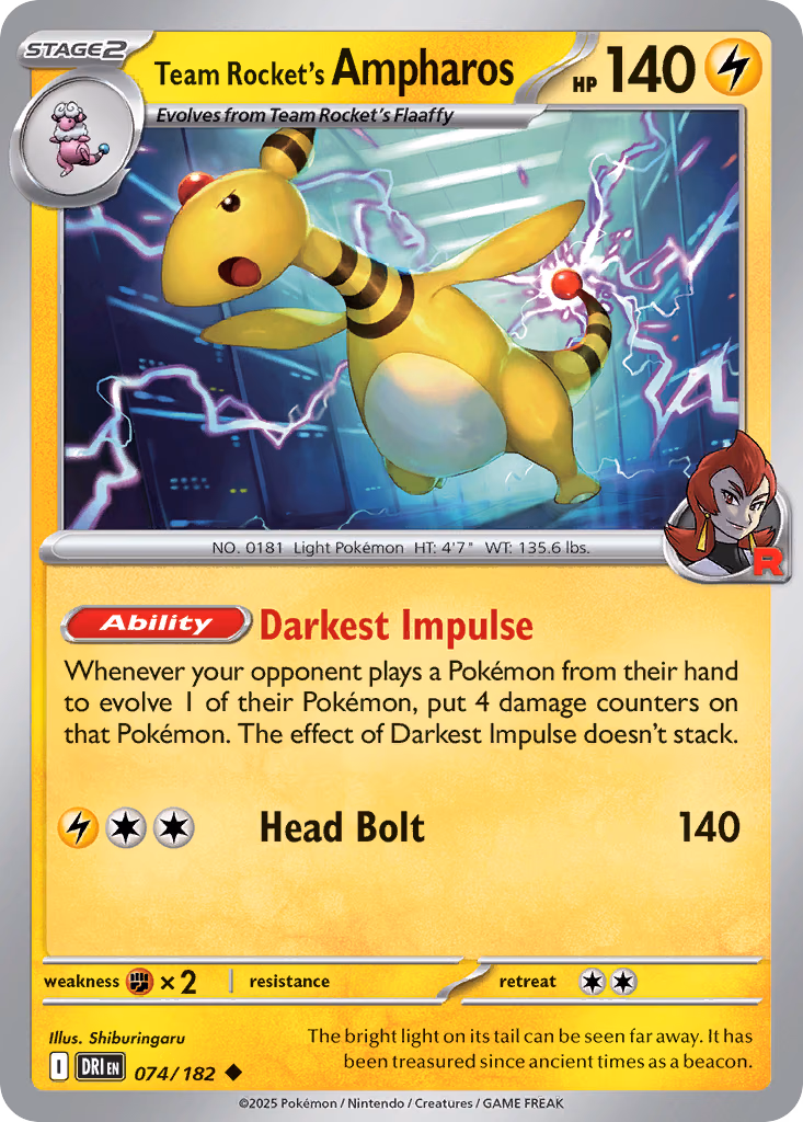 Team Rocket's Ampharos Pokemon card (074/182, Destined Rivals)