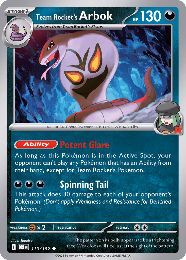 Team Rocket's Arbok Pokemon card (113/182, Destined Rivals)