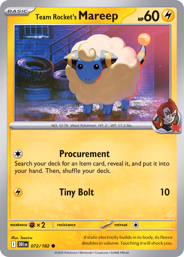 Team Rocket's Mareep Pokemon card (072/182, Destined Rivals)