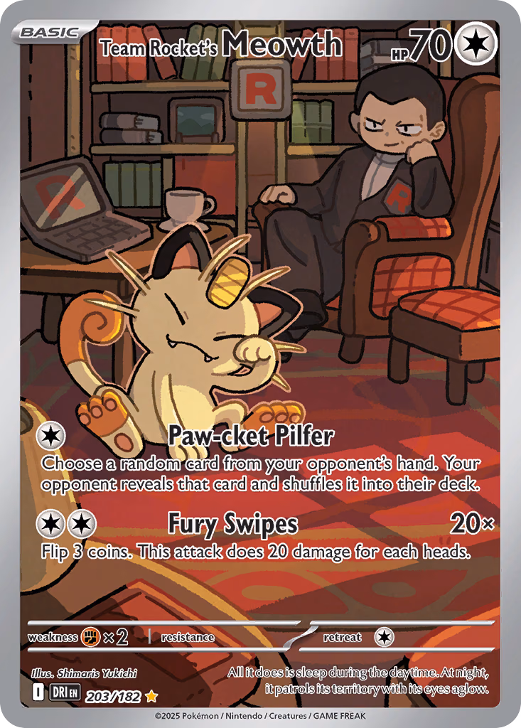 Team Rocket's Meowth Pokemon card (203/182, Destined Rivals)